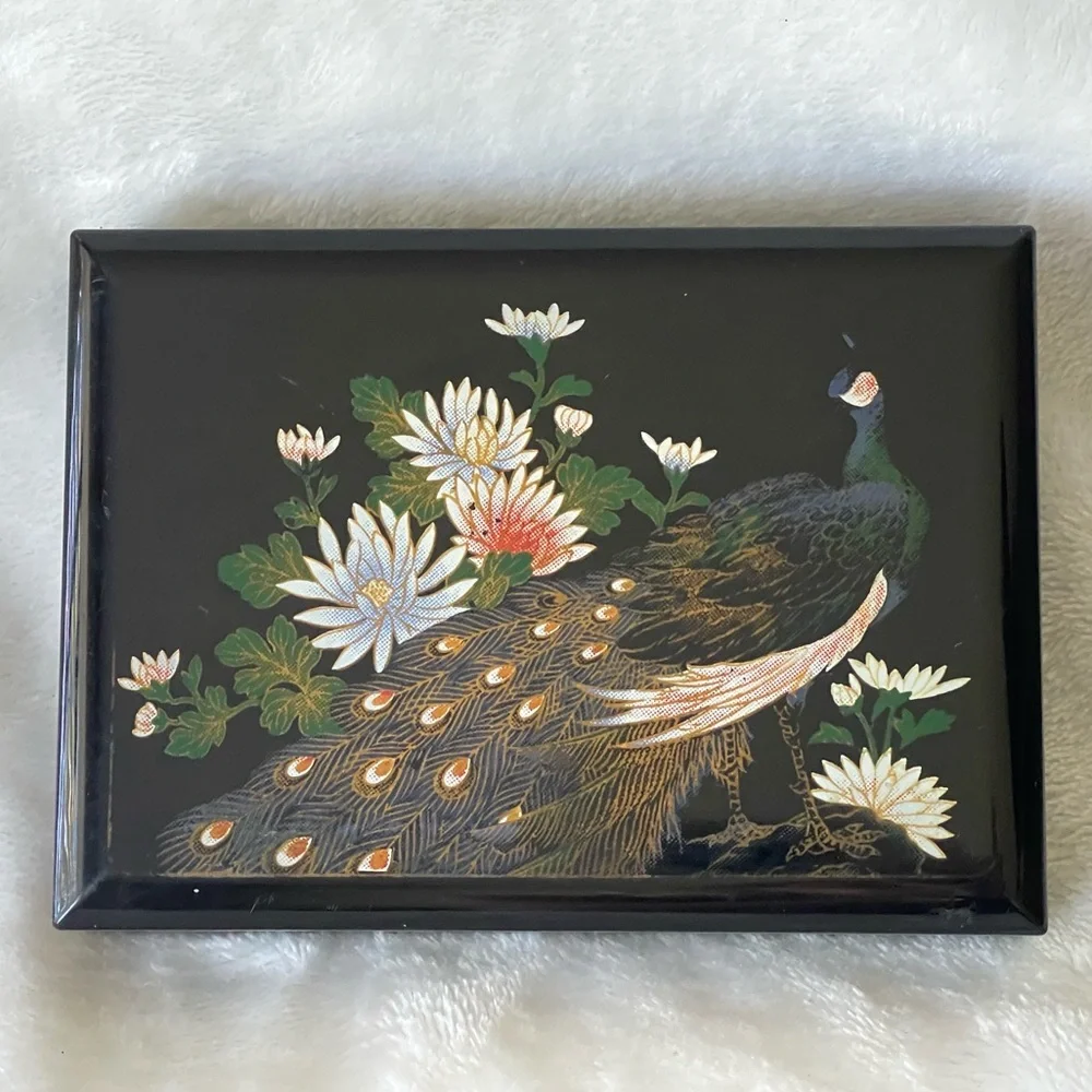 Vintage Black Lacquered Peacock Floral Mini Travel Tissue Box with Mirror